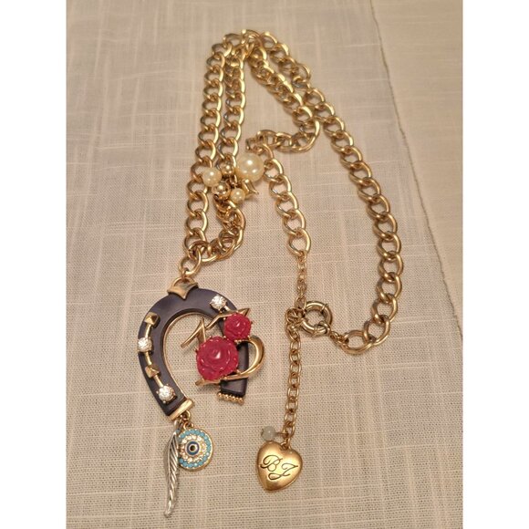 Vintage BJ Betsey Johnson Charm Necklace W/ Horseshoe & Rose Pendant 24" - Picture 1 of 11